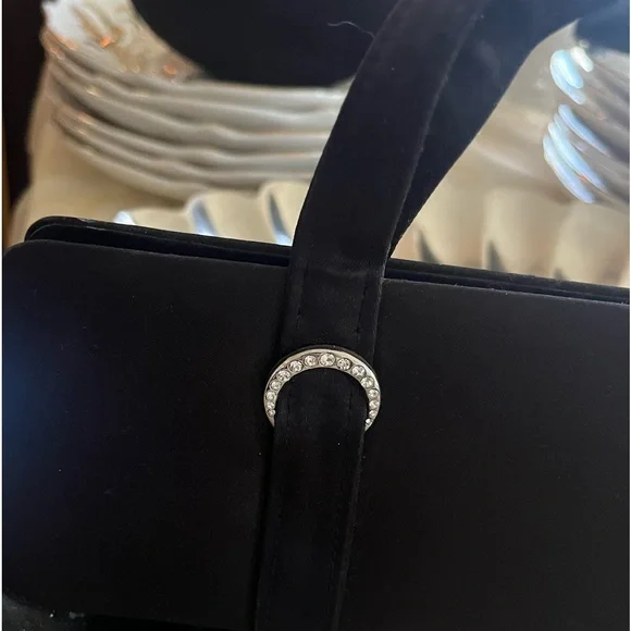 Black satin evening bag with rhinestone accents - Picture 2 of 3
